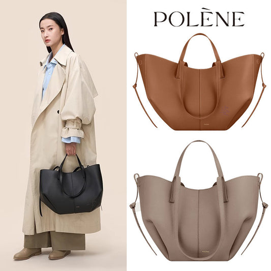 Polene Numero Un Maxi Bag in Camel Brown - Authentic French Leather Tote | Designer Curved Shoulder Bag with Adjustable Ties