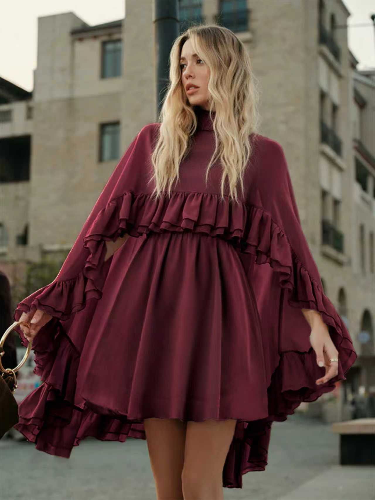 Brown Chiffon Ruffle Mini Dress | Mock Neck Long Sleeve Tiered Ruffle Flowy Short Dress for Women