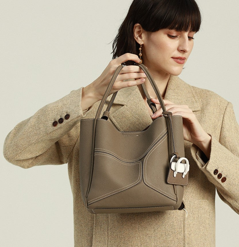Tan Brown Leather Tote Bag with Front Pocket & Contrast Stitching | Structured Shoulder Bag