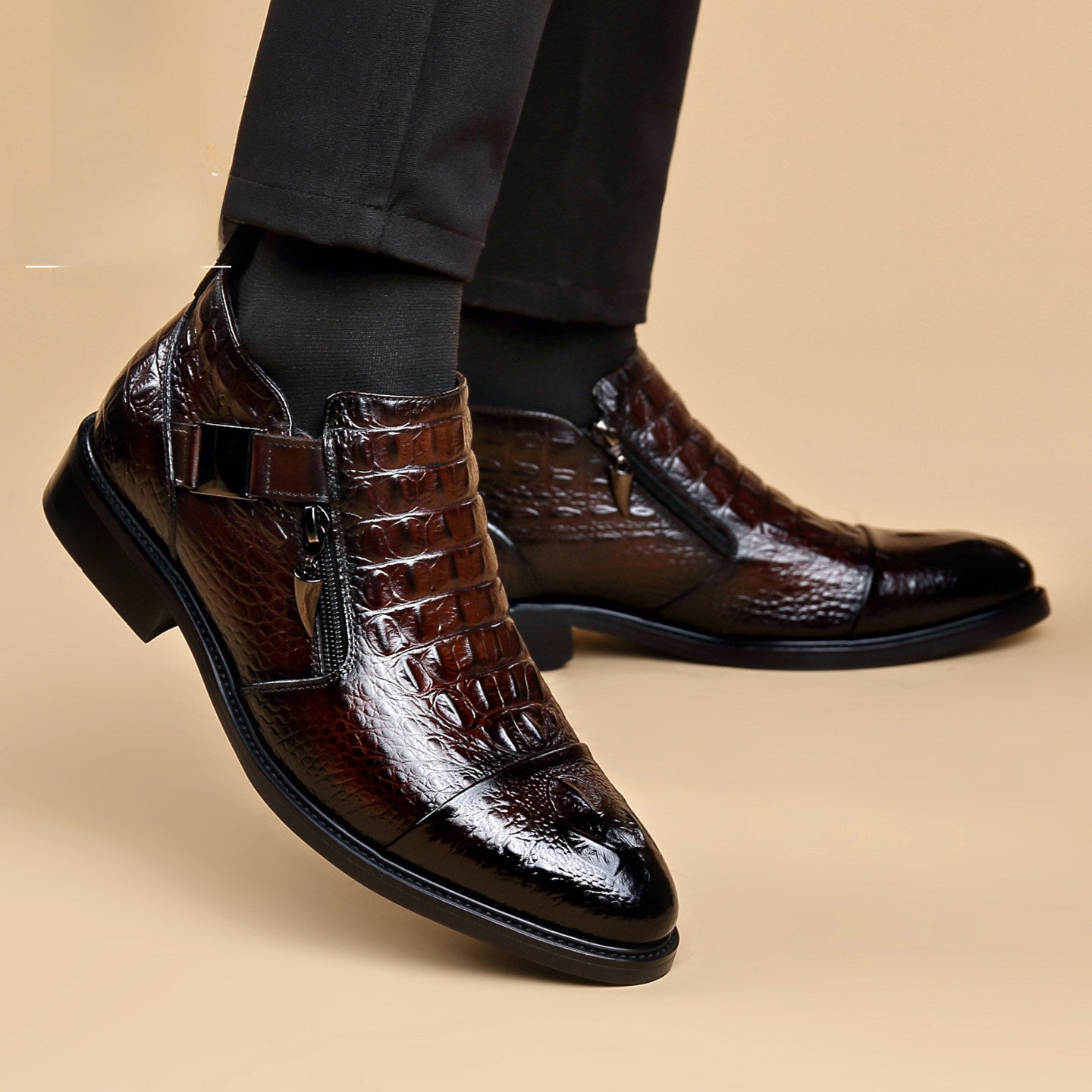 Men's Brown Croc Embossed Monk Strap Zip Ankle Dress Boots