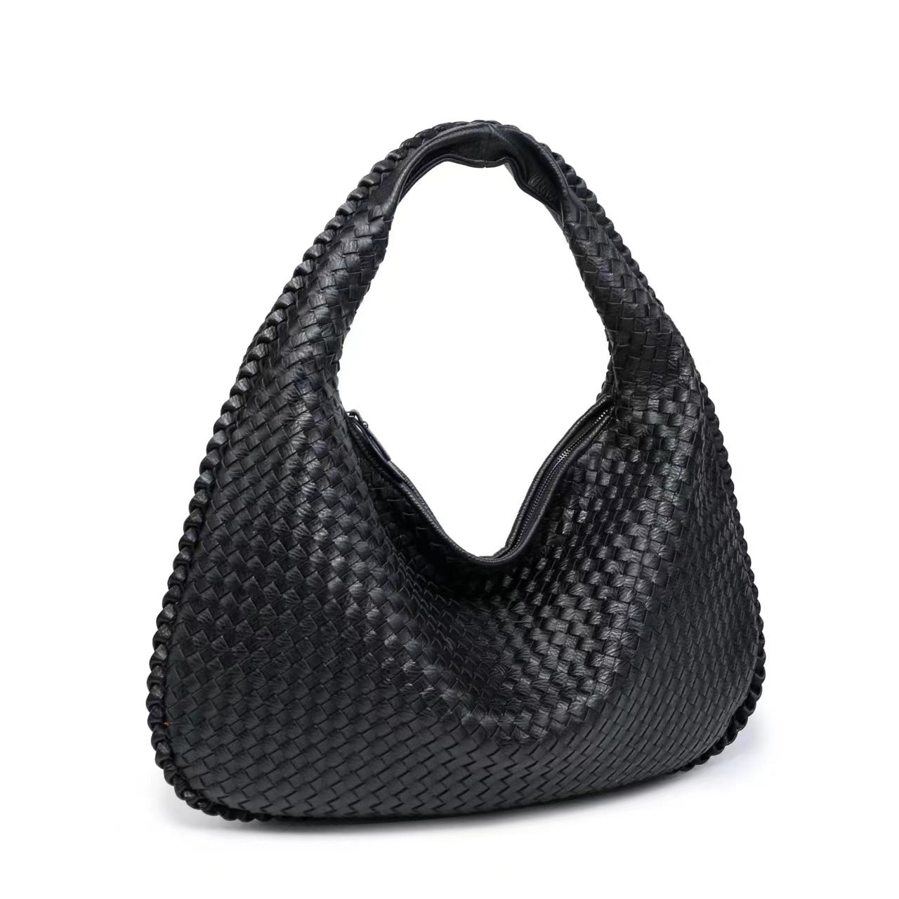 Black Woven Leather Hobo Bag Intrecciato Style Large Shoulder Tote Zip Closure | Women Luxury Designer Inspired Handwoven Handbag Everyday Casual Purse