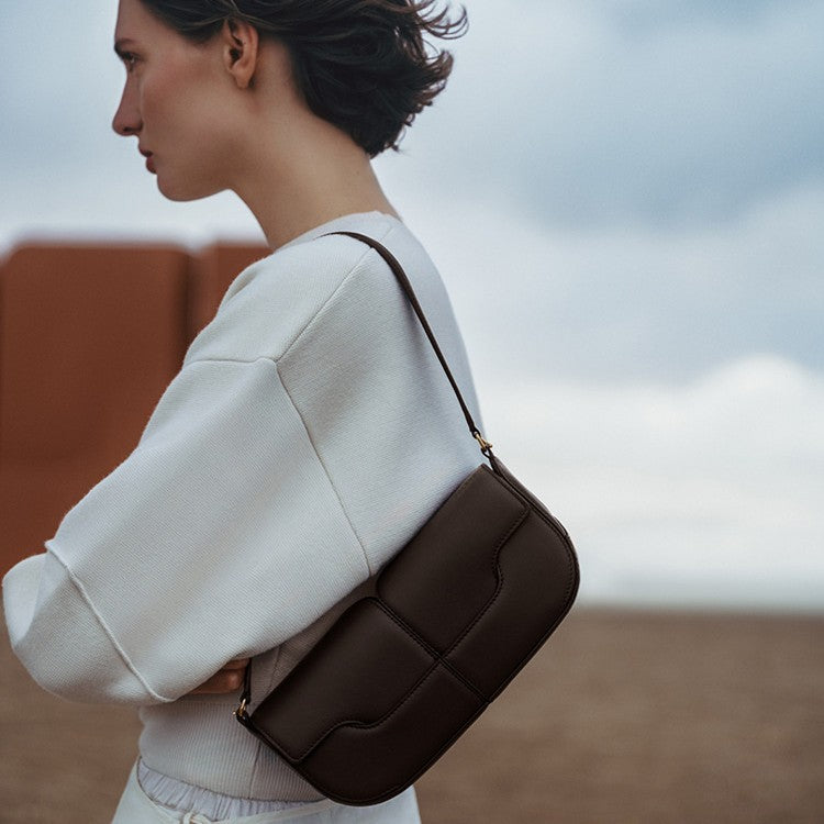 Polene Genuine Leather Black Leather Baguette Bag | Minimalist Shoulder Bag with Flap Closure