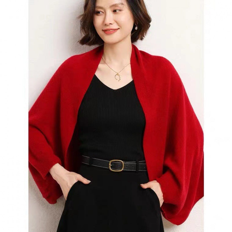 Women's Cashmere Wool Shawl Wrap Cardigan - Soft Knit Batwing Sleeve Poncho in Camel Brown - Elegant Oversized Shoulder Wrap Sweater for Fall Winter - Luxury Cozy Layering Piece