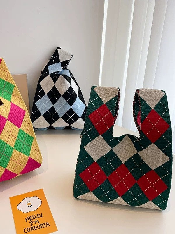 Black & White Geometric Knit Tote Bag | Aztec Pattern Wrist Handle Handbag | Boho Crochet Style Women's Bag
