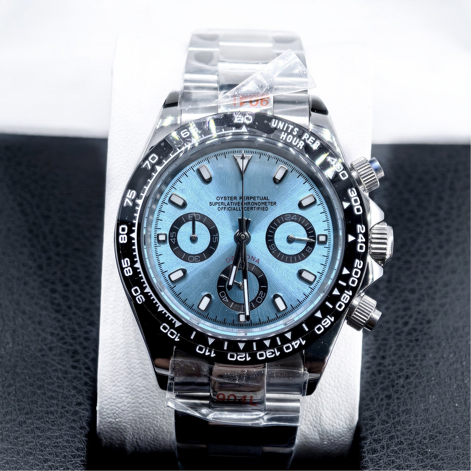 Men's Ice Blue Chronograph Watch | Daytona Style Black Ceramic Tachymeter Bezel 904L Steel Oyster Bracelet | Racing Sport Timepiece