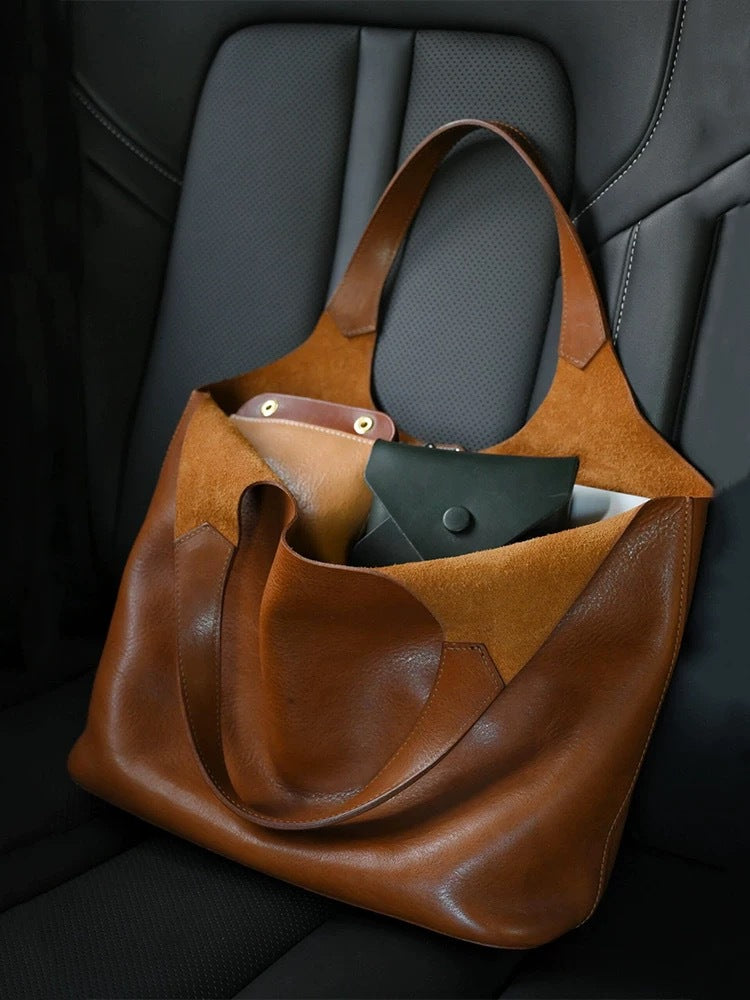 Cognac Brown Leather Tote Bag - Soft Slouchy Hobo with Knotted Handles | Minimalist Everyday Shoulder Bag