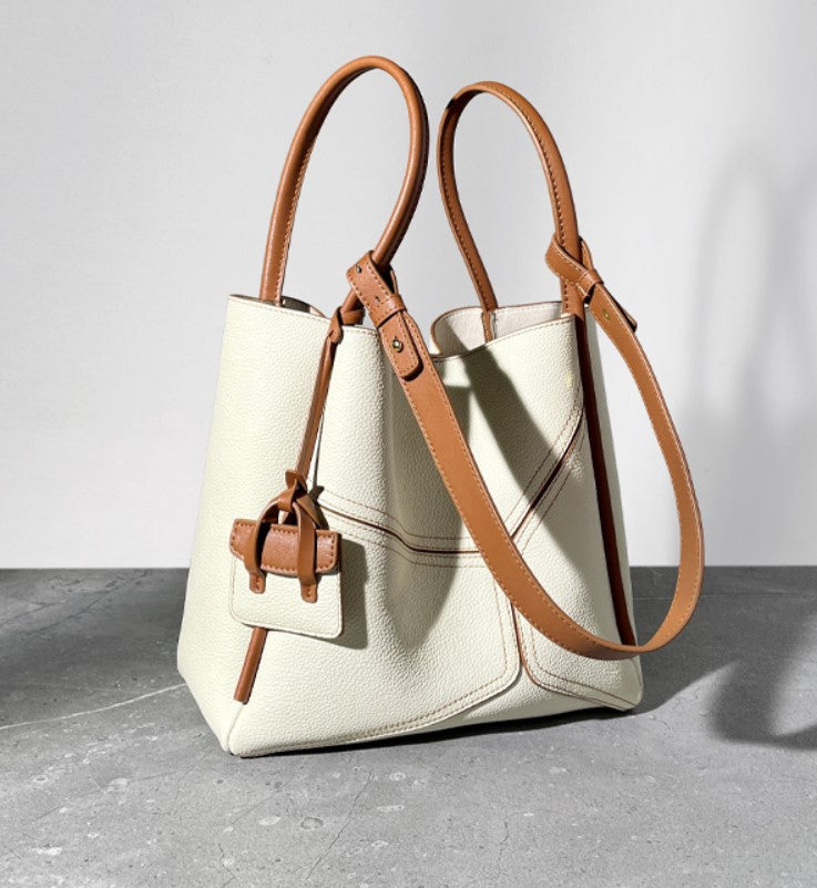 Tan Brown Leather Tote Bag with Front Pocket & Contrast Stitching | Structured Shoulder Bag