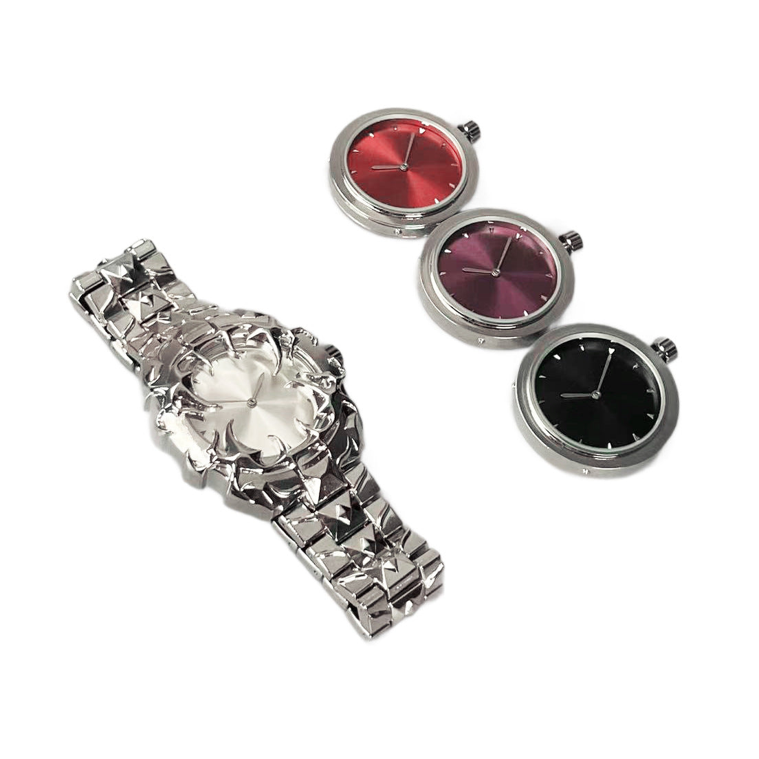 Gothic Black Thorn Spike Watch for Men | Red Dial Dark Luxury Stainless Steel Quartz Timepiece
