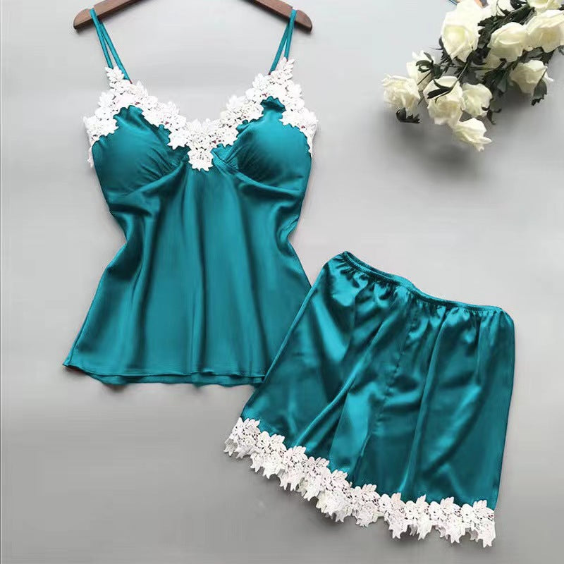 Pigiama da donna in raso malva con stampa cuori bianchi, canotta e pantaloncini con pizzo - Completo da notte in seta a 2 pezzi
