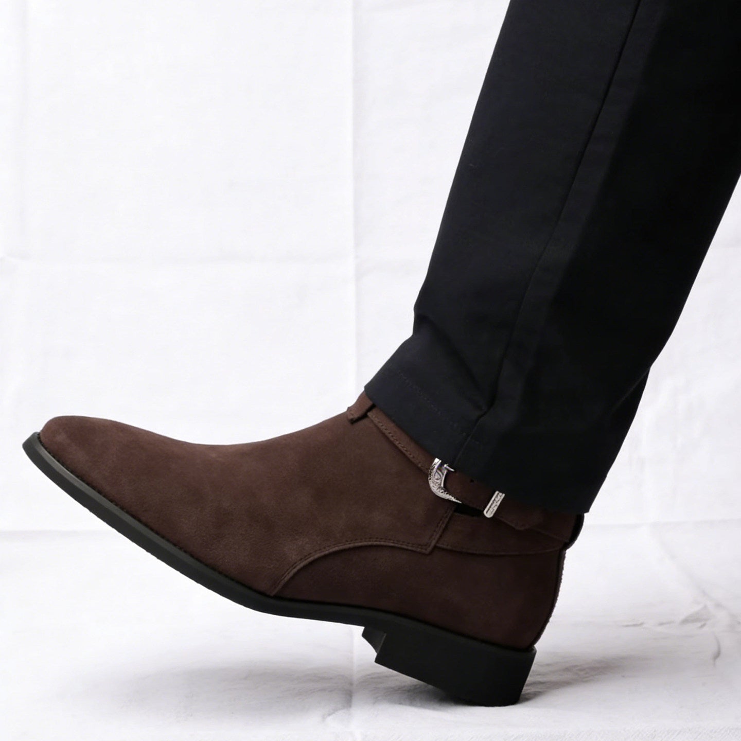 Men's Brown Suede Ankle Boots | Silver Buckle Strap Side Zip Chelsea Desert Boot