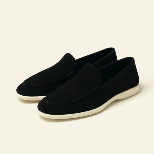 Men's Black Suede Slip-On Loafers | White Rubber Sole Venetian Casual Dress Shoes