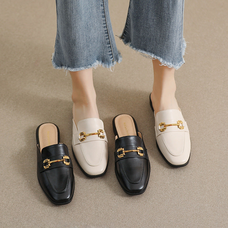 Women's Cream Leather Mule Loafers with Gold Chain Buckle ? Elegant Slip-On Backless Flat Shoes