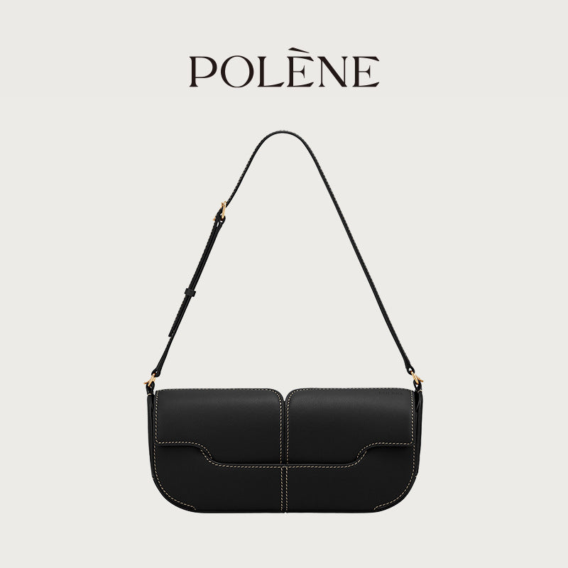 Polene Genuine Leather Black Leather Baguette Bag | Minimalist Shoulder Bag with Flap Closure