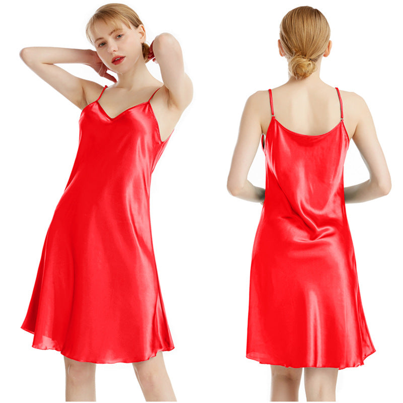 Women's Wine Red Satin V Neck Midi Slip Nightgown Elegant Sleeveless A-Line Sleep Dress Chemise Luxury Sleepwear