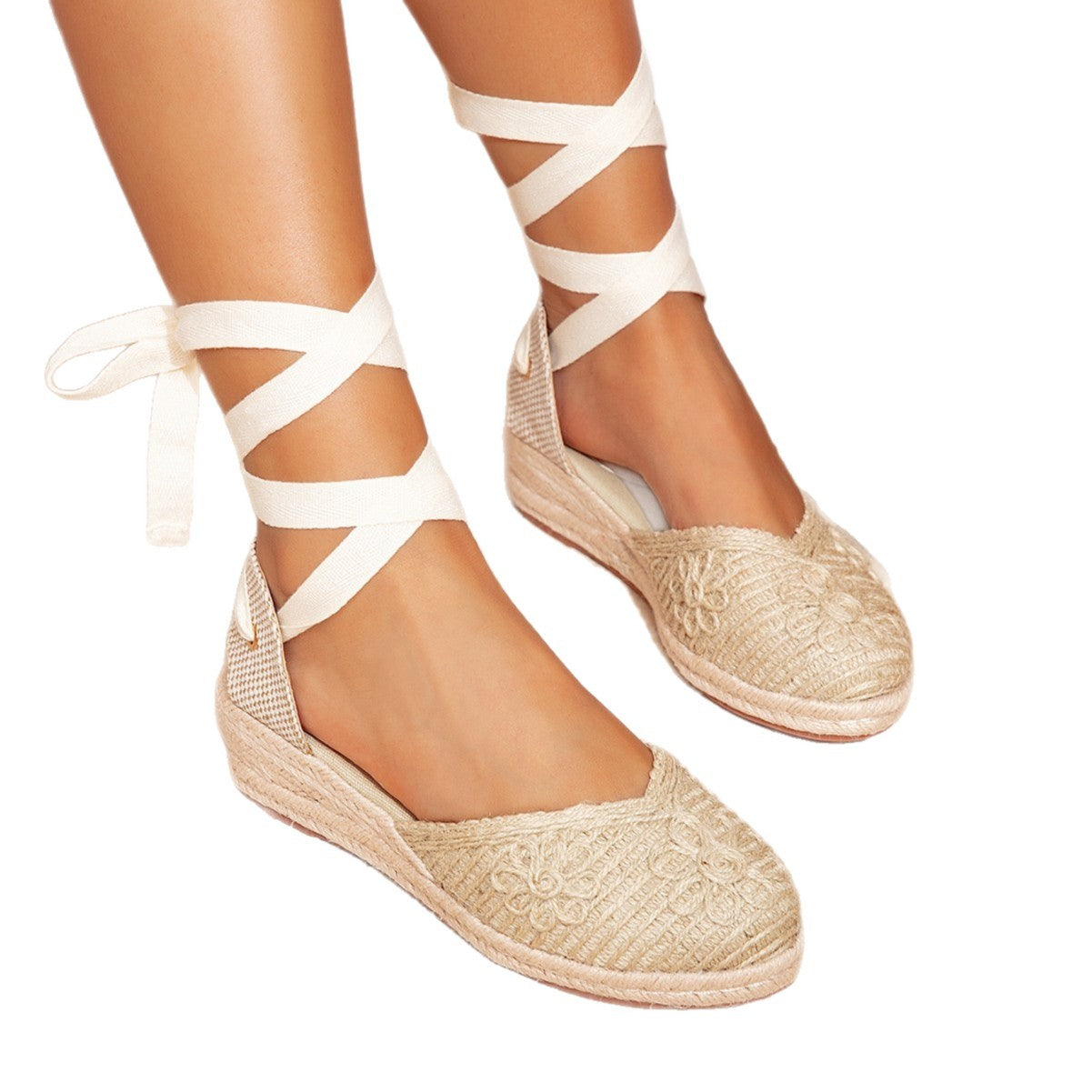 Beige Lace Up Espadrille Wedge Sandals | Women's Boho Floral Jute Platform Ankle Wrap Sandals