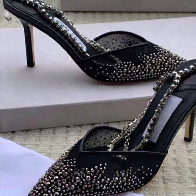 Black Crystal Embellished Mesh Pointed Toe Slingback Kitten Heel Mules | Women's Rhinestone Chain Strap Luxury Heels