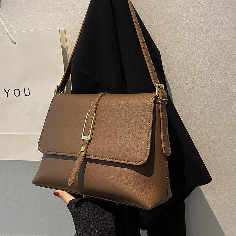 Black Leather Crossbody Bag with Gold Hardware | Structured Flap Shoulder Purse