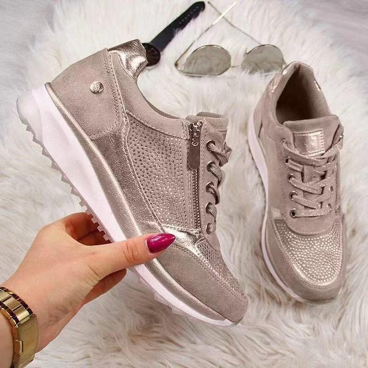 Silver Rhinestone Crystal Zip Lace-Up Wedge Sneakers | Glam Diamante Platform Trainers for Women