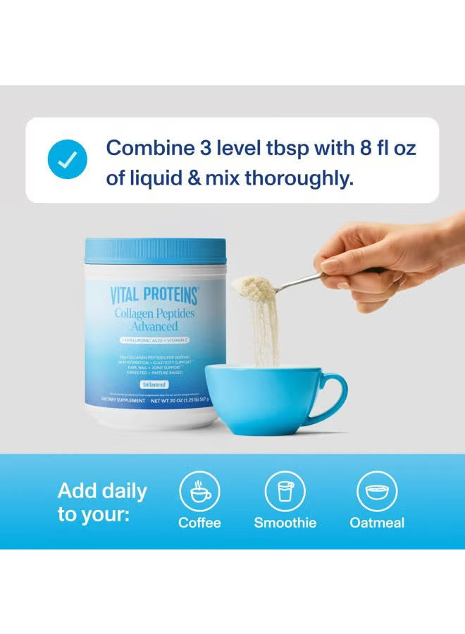 Collagen Peptides Advanced Powder + Hyaluronic Acid + Vitamin C | 20g Grass Fed Unflavored Collagen Supplement for Skin Hair Nails & Joints