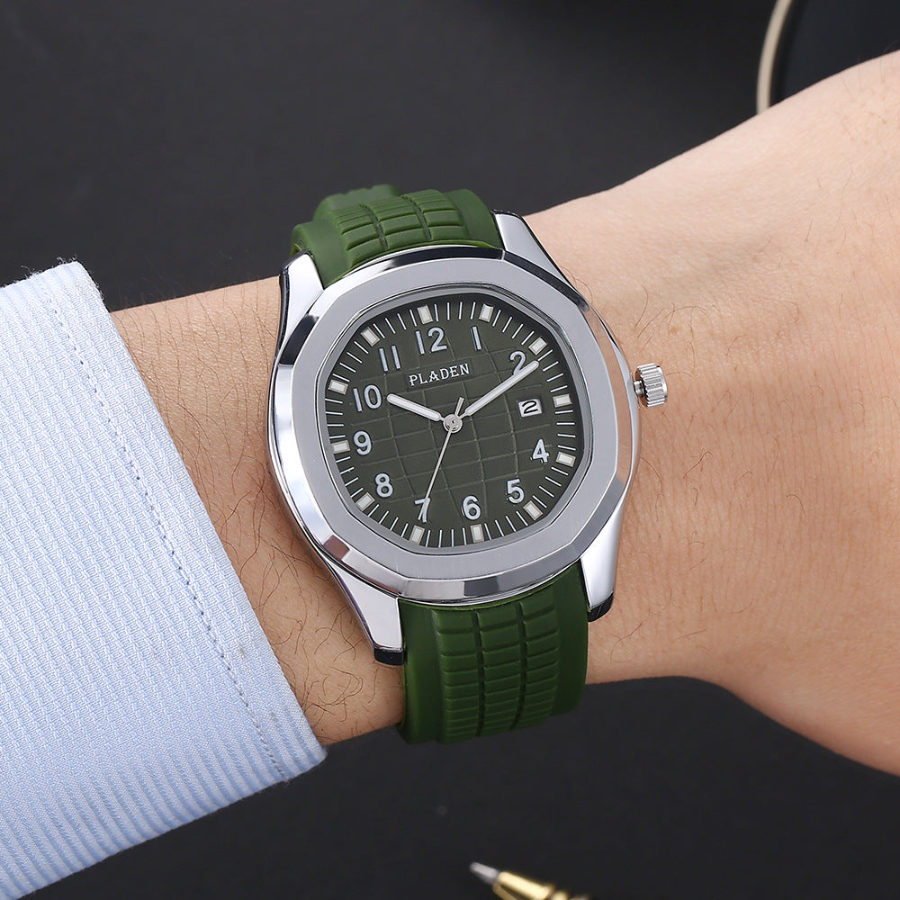 Pladen Men's Sport Watch | Grey Textured Dial Silver Case Black Rubber Strap Aquanaut Style Date Watch