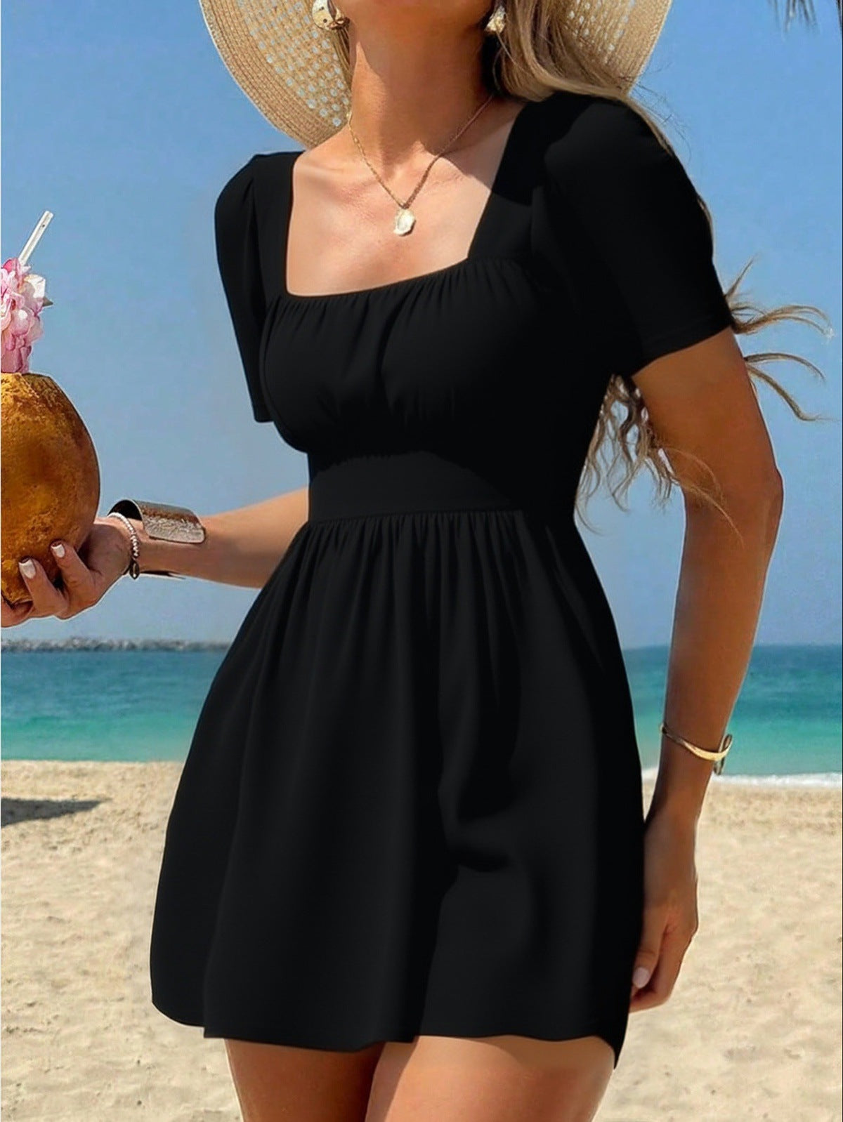 Women's Black Square Neck Short Sleeve Mini Dress - Ruched Bodice A-Line Flowy Summer Dress | Beach, Vacation & Casual Wear