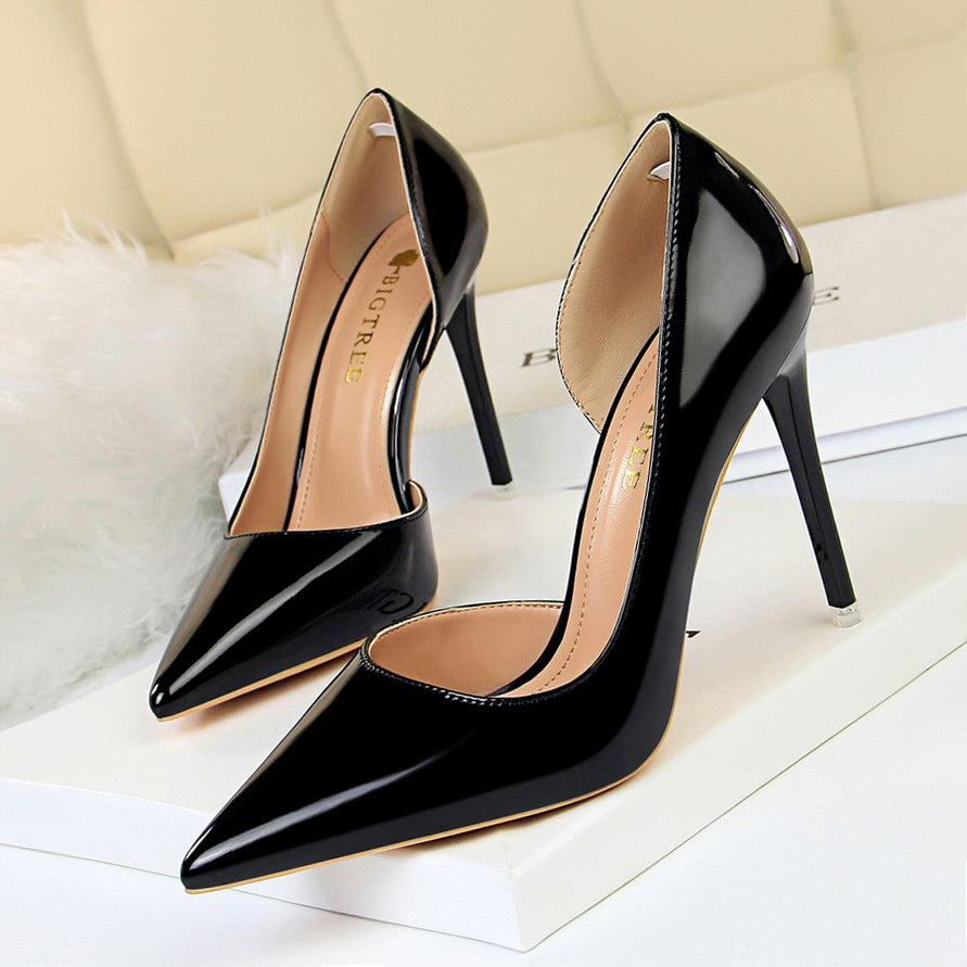 Black Patent Leather D'Orsay Stiletto Pumps Women Pointed Toe Cut Out High Heel Office Party Dress Shoes