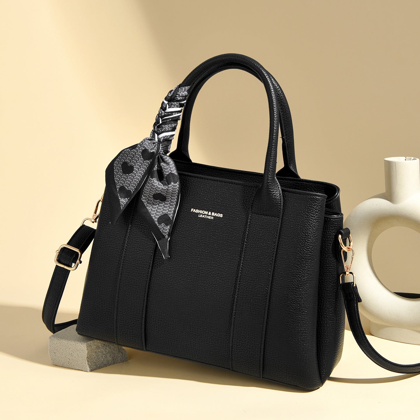 Black Leather Tote Handbag Women | Structured Shoulder Bag Crossbody Satchel with Scarf Detail Gold Hardware