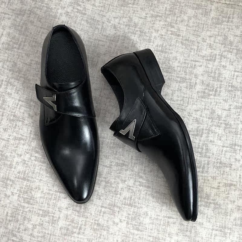 Men's Black Leather Single Monk Strap Dress Shoes | V-Logo Metal Buckle Formal Oxford