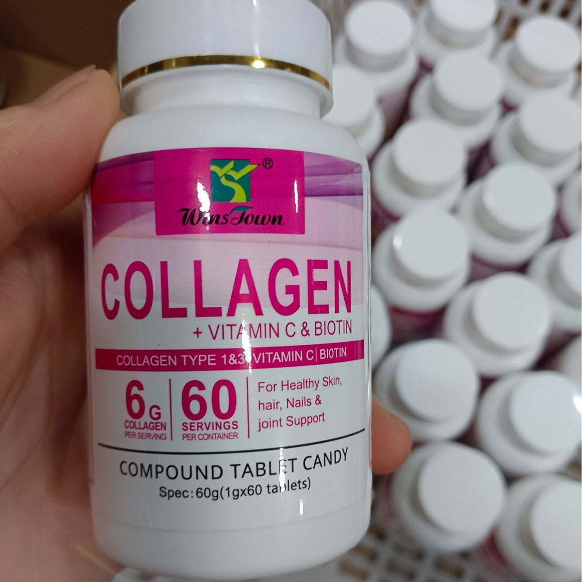 WinsTown Collagen + Vitamin C & Biotin Tablets | Type 1 & 3 Collagen 6g per Serving 60 Tablets Skin Hair Nails & Joint Support Supplement