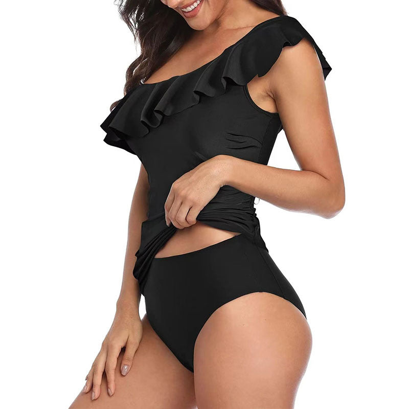 Black One Shoulder Ruffle Cutout One Piece Swimsuit | Tummy Control Ruched Monokini | Women's Elegant Swimwear