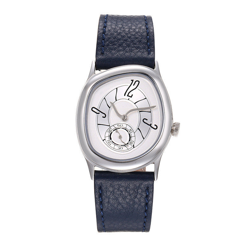 Men's Cushion Case Avant-Garde Watch | White Artistic Dial Sub-Seconds Navy Blue Leather | Original Design Fashion Timepiece
