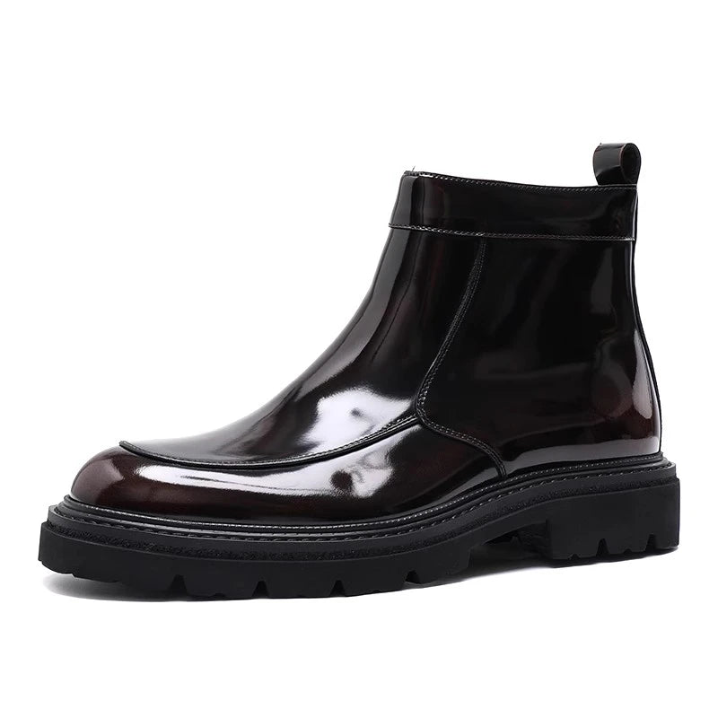 Schwarze Chelsea-Stiefeletten aus hochglänzendem Leder für Herren | Luxuriöse Slip-On-Stiefel mit griffiger Profilsohle 