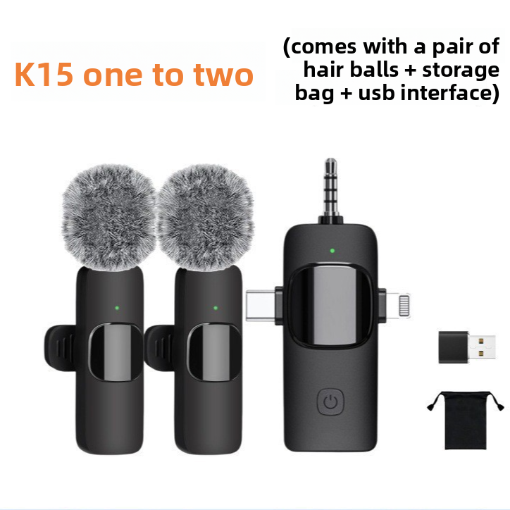 K15 Wireless Lavalier Microphone 1-to-2 | Dual Clip-On Mic for iPhone Android & Camera | USB Type-C Lightning 3.5mm Vlogging Mic