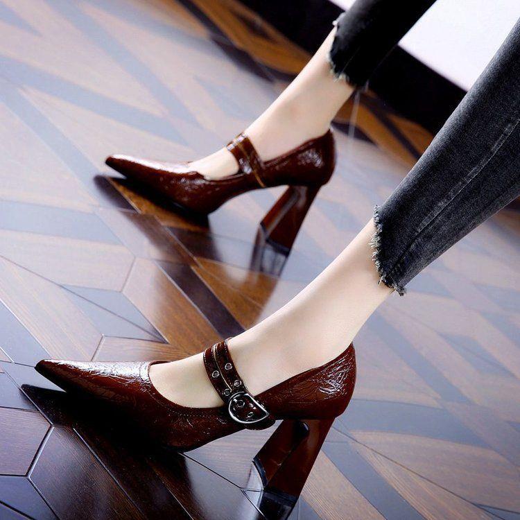 Black Crinkle Patent Leather Mary Jane Block Heels | Pointed Toe Double Buckle Strap Pumps for Women | Vintage Retro Office Party Shoes