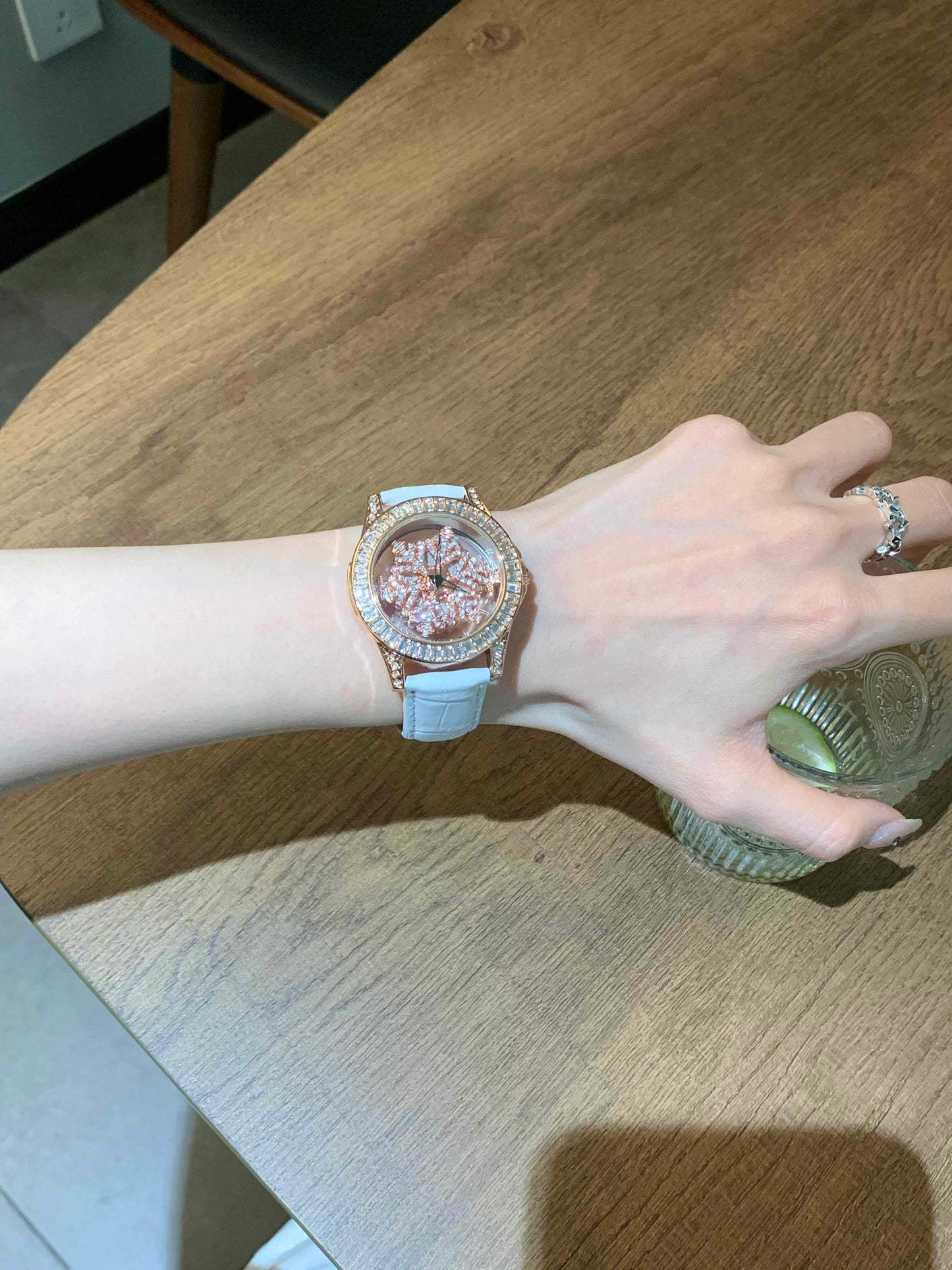 Women's Rose Gold Crystal Spinner Watch | Baguette Diamond Bezel | Rotating Flower Dial | White Crocodile Leather Strap | Ladies Luxury Bling Watch