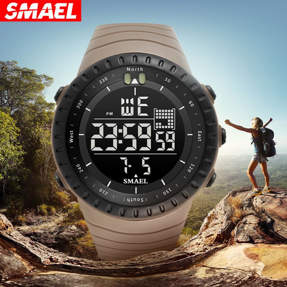 SMAEL Men's Digital Sport Watch | Compass Bezel Black Orange | Military Tactical LED Outdoor Watch with Calendar & Alarm