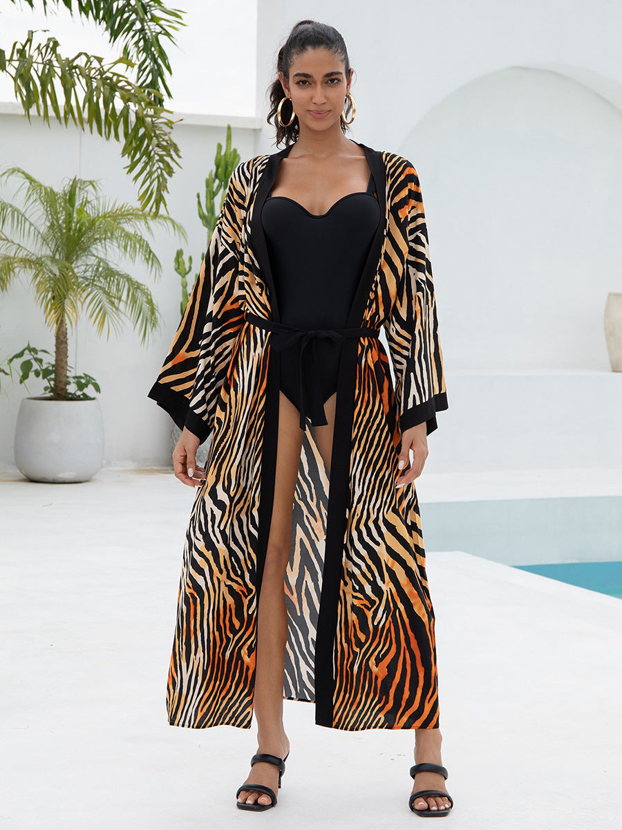 Women's Zebra Print Maxi Kimono Cover-Up | Long Belted Open Front Cardigan | Beach Pool Swimsuit Cover Up ? Black & White Animal Print