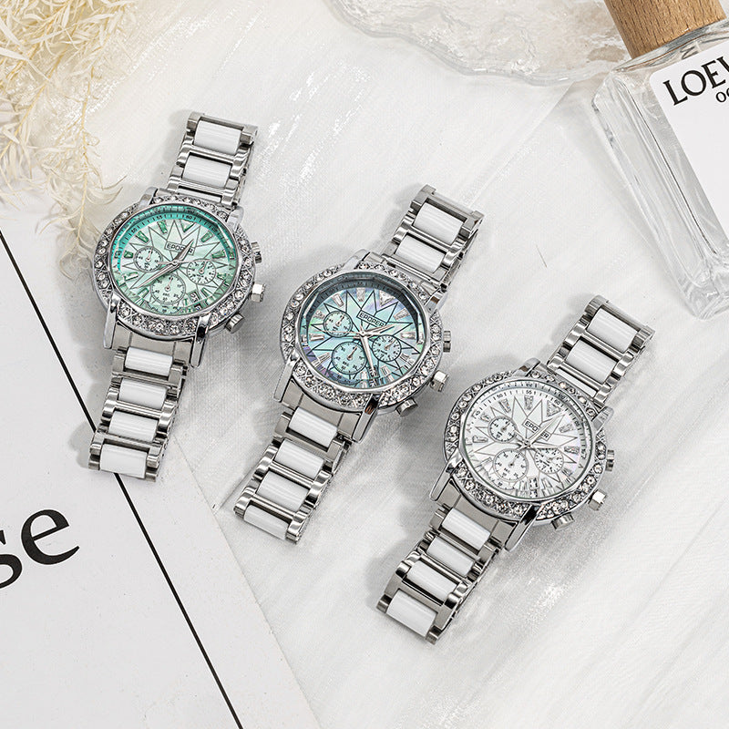 Orologio da donna EPOPER Crystal Chronograph | Orologio da polso di lusso in acciaio inossidabile argentato con lunetta in diamanti