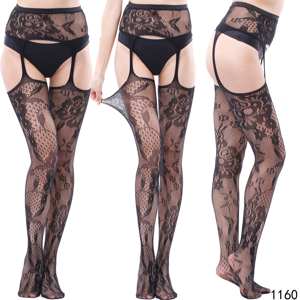 Black Fishnet Stockings with Garter Belt Set for Women | Lace Top Thigh High Stockings | Suspender Belt Set