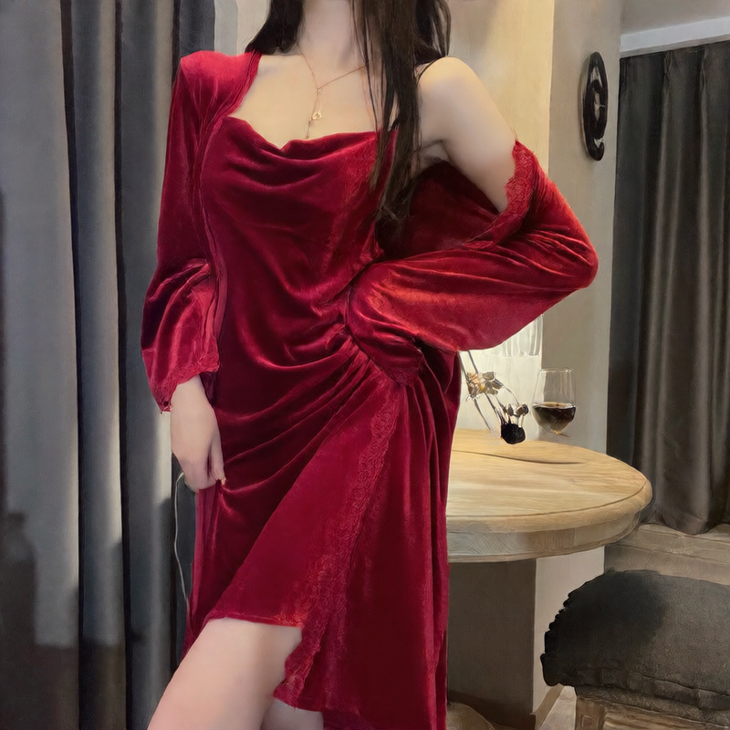 Women's Black Velvet Cowl Neck Slip Dress & Lace Trim Robe 2-Piece Set | Spaghetti Strap Mini Nightgown with Kimono Cardigan | Luxury Dark Sleepwear