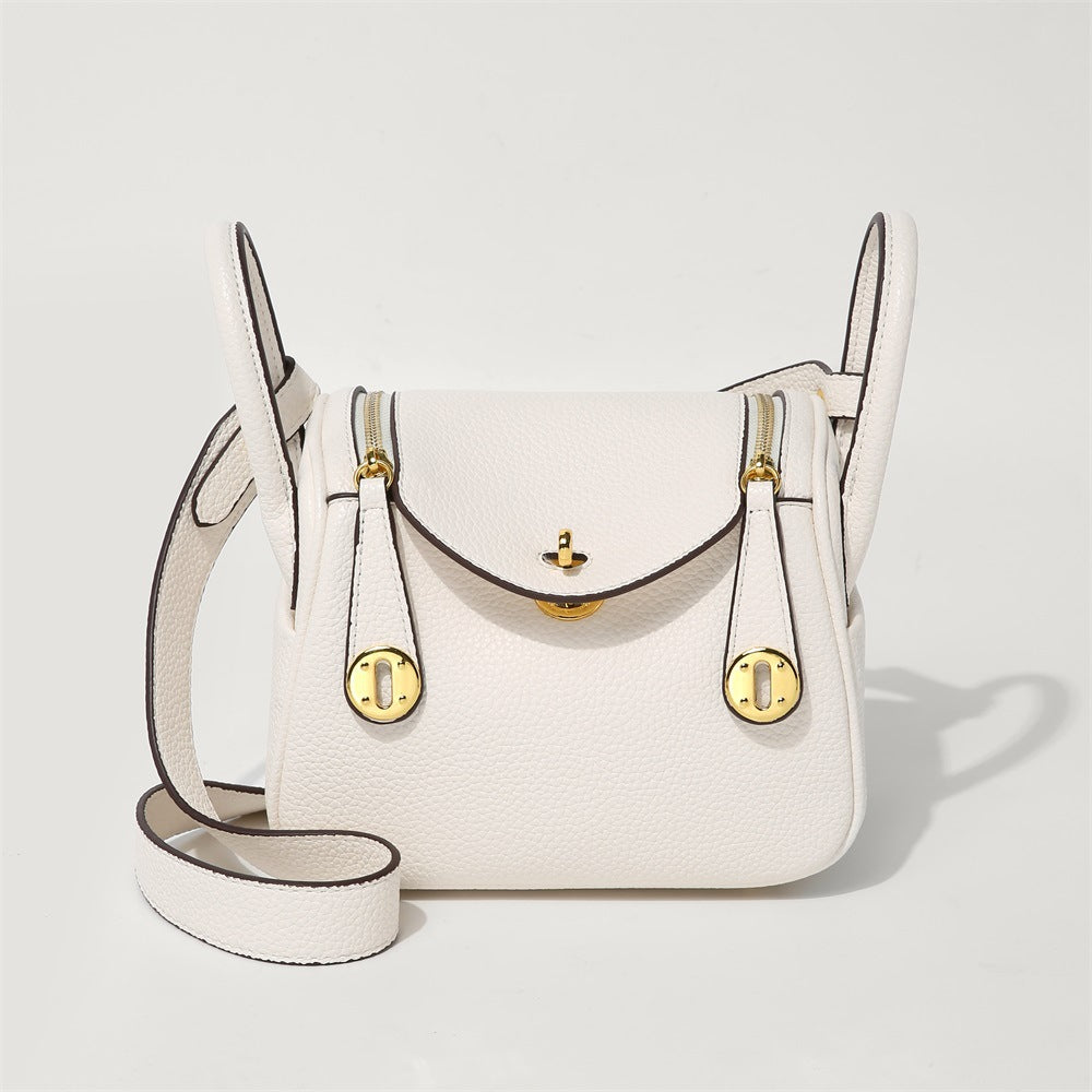 Taupe Leather Crossbody Bag with Flap Closure & Gold Hardware | Small Messenger Bag