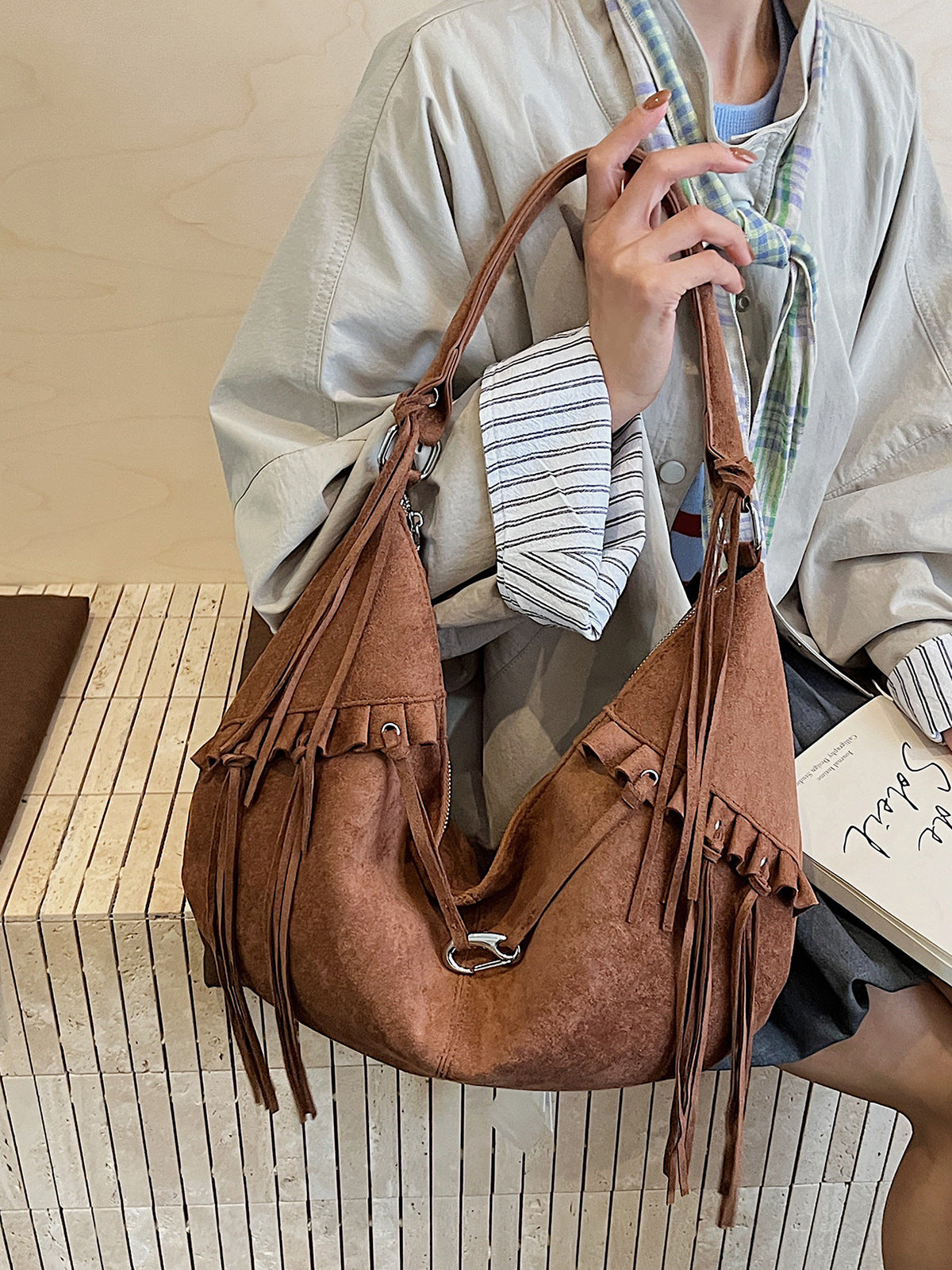 Brown Suede Fringe Hobo Bag - Bohemian Slouchy Shoulder Bag with Tassel Details | Western Style Hobo with Silver Hardware