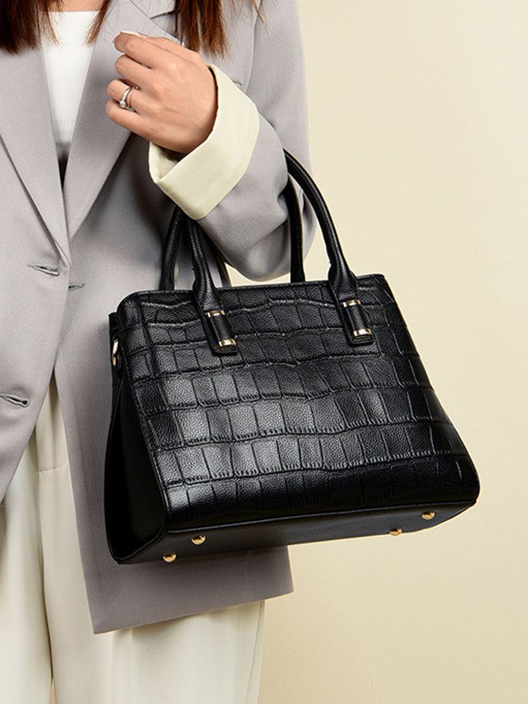 Black Crocodile Embossed Handbag with Gold Hardware | Small Structured Tote Bag