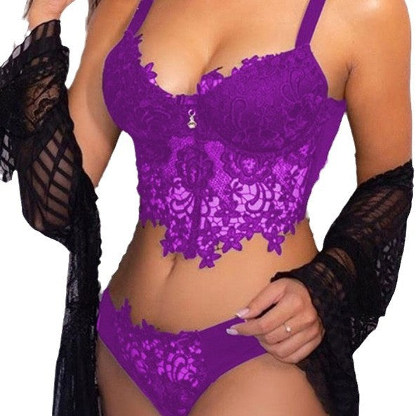 Floral Lace Longline Bra & Panty Set | Sheer Embroidered Bustier Lingerie | Sexy Underwire Set in 4 Colors