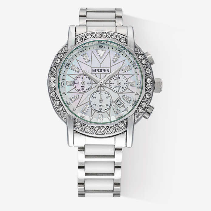 Orologio da donna EPOPER Crystal Chronograph | Orologio da polso di lusso in acciaio inossidabile argentato con lunetta in diamanti