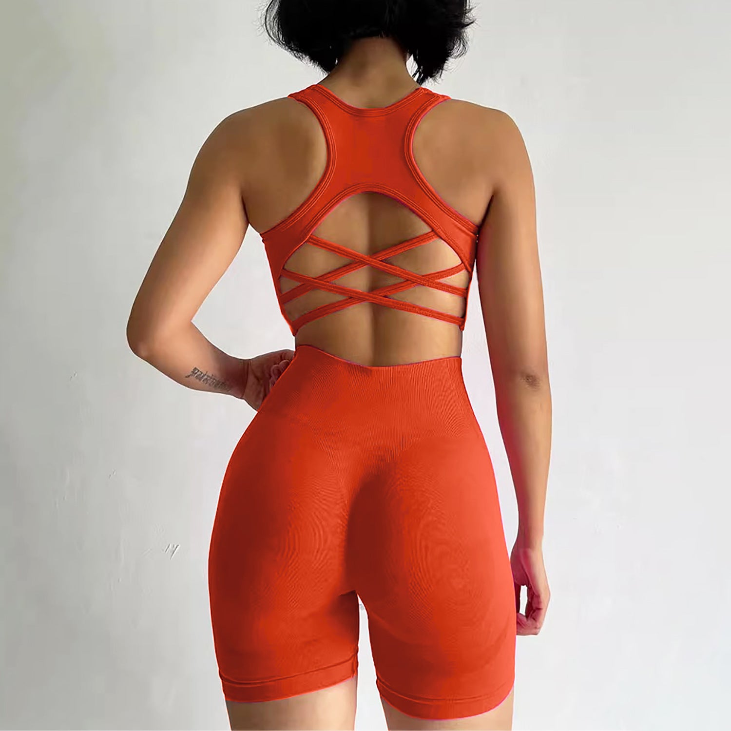 Women's Seamless Workout Set - Cross Back Sports Bra & High Waist Biker Shorts | Breathable Mesh Gym Activewear 2 Piece Set