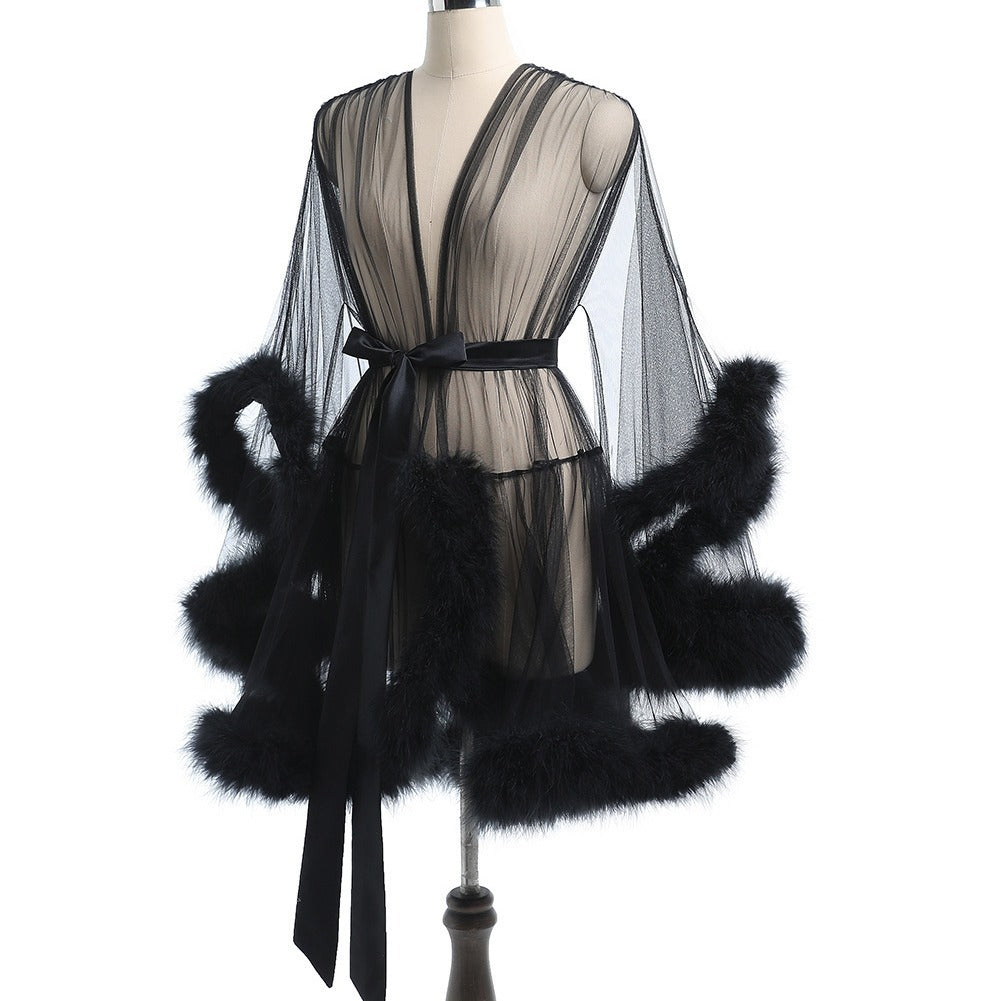 Feather Trim Sheer Mesh Lingerie Robe Set | 3-Piece Lace Bra Thong & Marabou Robe | Sexy Boudoir Intimates in Black Red White