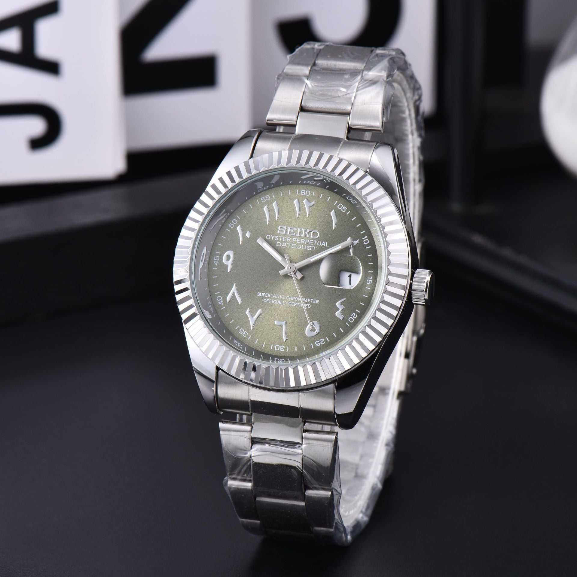 Men's Silver Luxury Dress Watch | Fluted Bezel Arabic Numeral Black Dial Jubilee Bracelet Date Watch