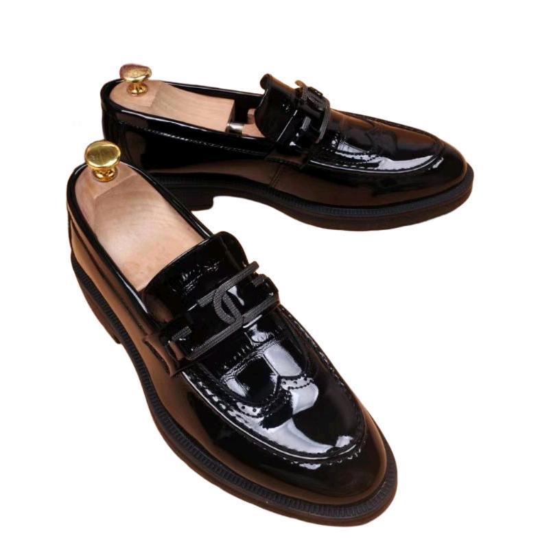 Men's Black Patent Leather Brogue Loafers | Decorative Buckle Strap Chunky Sole Slip-On Dress Shoes