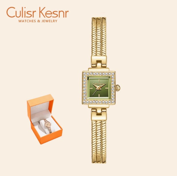 Women's Gold Square Crystal Bezel Watch | Diamond Pave Snake Chain Bracelet Champagne Dial Luxury Quartz Timepiece
